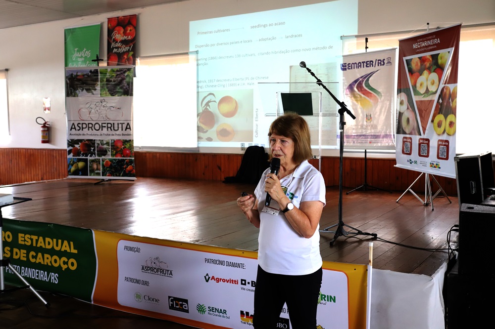 Pesquisadora Maria do Carmo Raseira palestrou sobre o melhoramento de frutas de caroço e apresentou as novas cultivares de nectarineiras